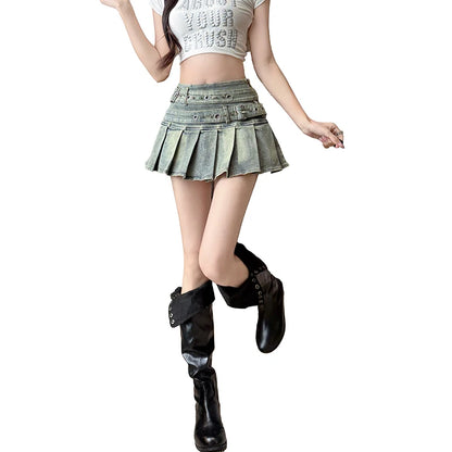 Women's Blue Black Riveted Belt Denim Skirt Y2K Harajuku High Street Fashion 90s Sexy A-line Mini Skirt Summer Clothing 2025 New