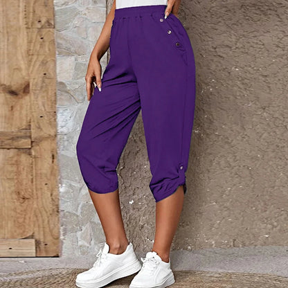 Women Elastic Waist Casual Trousers Bottom Elegant Office Lady Loose Cropped Pants