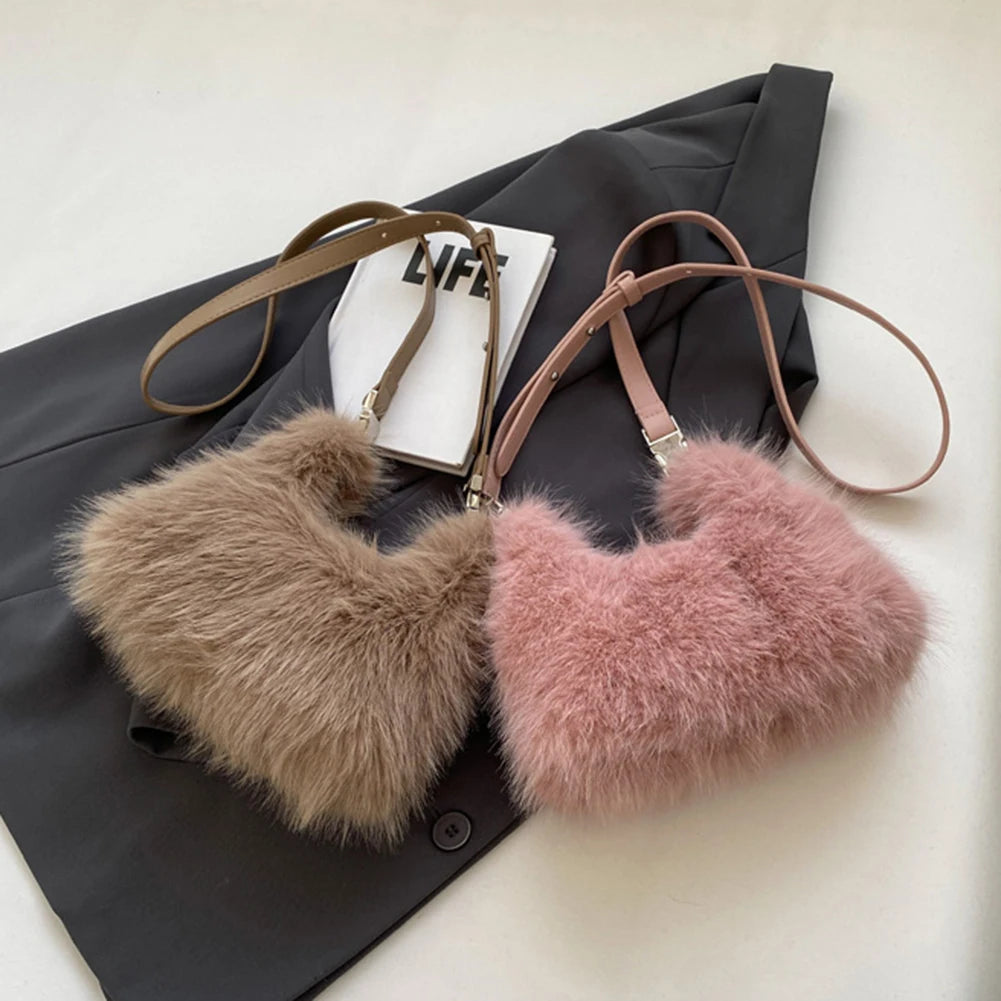 Women Faux Fur Shoulder Bag Adjustable Strap Fluffy Crossbody Bag Solid Color Clutch Purse Hobo Bag for Travel Party