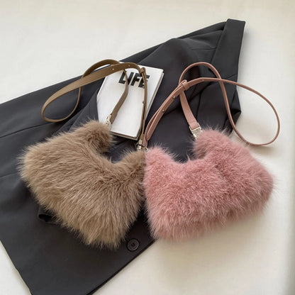 Women Faux Fur Shoulder Bag Adjustable Strap Fluffy Crossbody Bag Solid Color Clutch Purse Hobo Bag for Travel Party