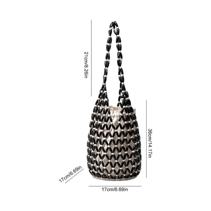 Women Hollow-out Bucket Bags Woven Hand Bag Wooden Bead Shoulder Bags Beach Top-Handle Bags Summer Netted Canvas Tote Handbag