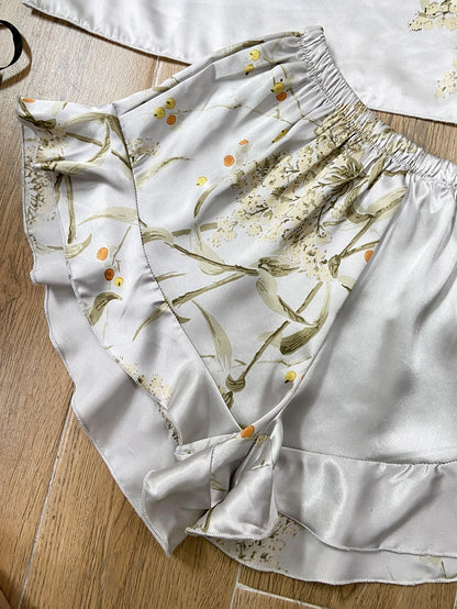 Elegant Floral Print Cami Tops   Ruffle Hem Shorts Pajama Set  Women's Sleepwear