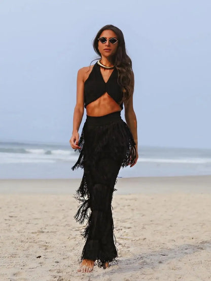Fringed Trousers Multi-layer Solid Color Dance Trousers Tassels Plus Size