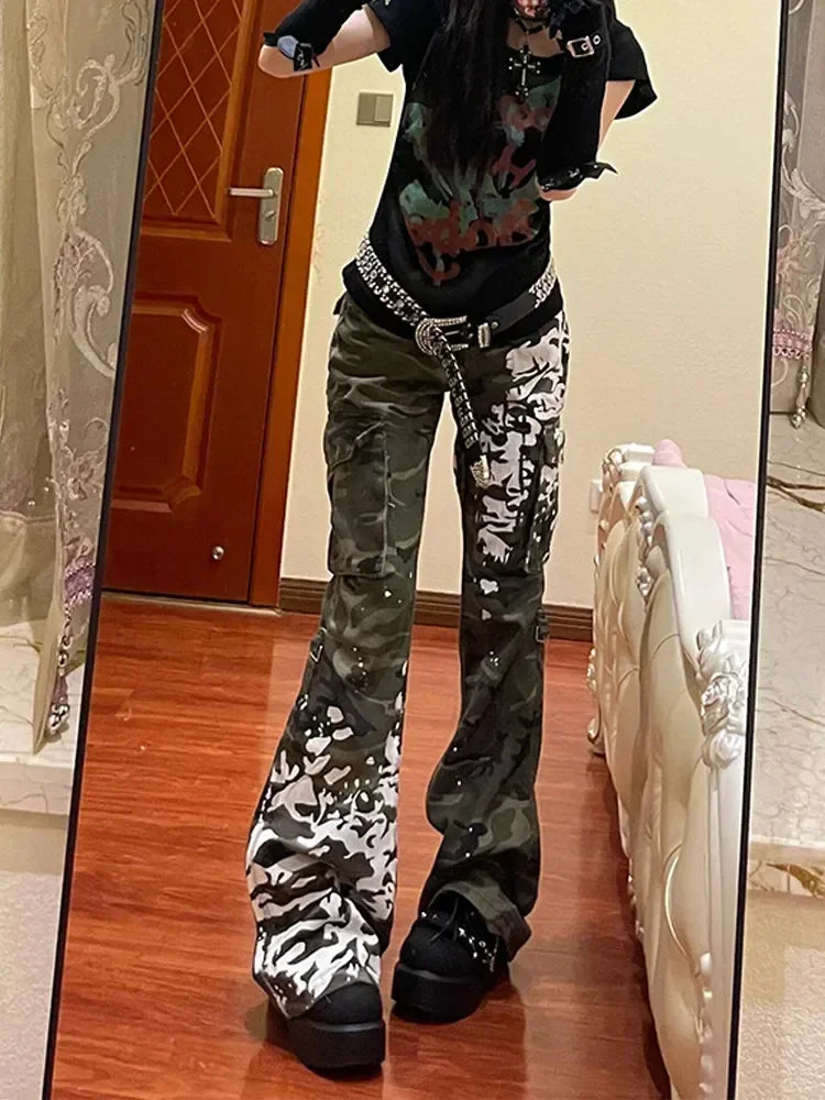 American Subculture Printed Dragon Pattern Raw Edge Slightly Flared Jeans Women's Low-waisted Slim Fit Flared Pants