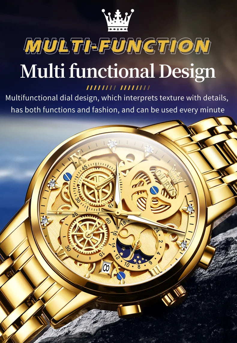 Top Brand Luxury Original Waterproof Quartz Watch for Man Gold Skeleton Style 24 Hour Day Night New
