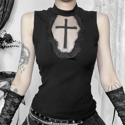 Goth Cross Print Lace Crop Top Camis Black Red Basic Corset Tank Black / S / United States Black / L / United States 
