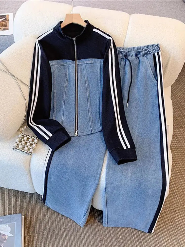 Women Preppy Style Patchwork Contrast Denim Sets Stand Collar Elastic Jeans 2 Piece Suit Streetwear Comfort