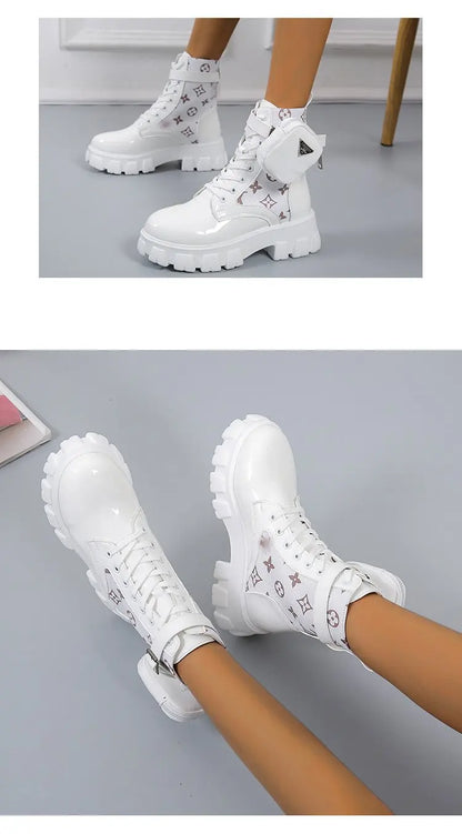 BLACK and White Ankel Boots Goth Platform Boots Snow Booties Woman