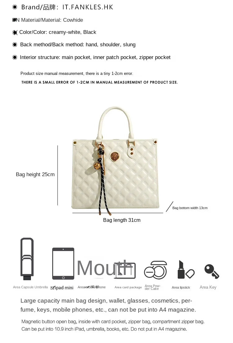 Light luxury brand hand-held large capacity tote bag diamond grid single shoulder diagonal cross bag