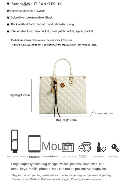 Light luxury brand hand-held large capacity tote bag diamond grid single shoulder diagonal cross bag