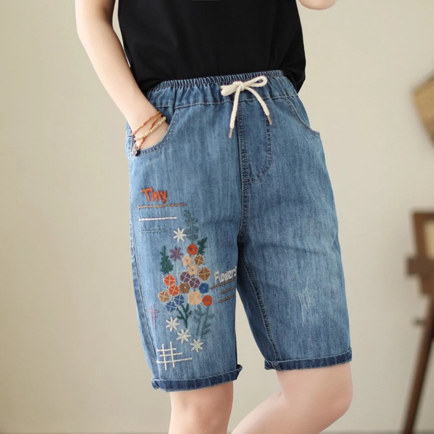 Women Summer Embroidery Self Tie Plus Size Mid Length Pants Artistic Casual Ripped