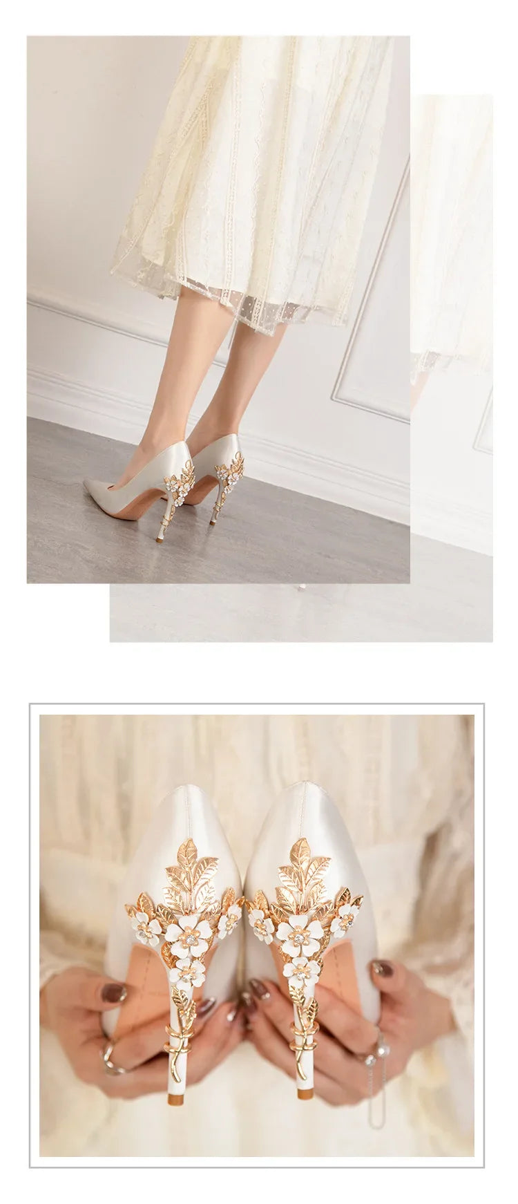 Women's Metal Flowers Stiletto High-heel Shoes Female  Light Luxury Wedding Shoes Pointed Toe