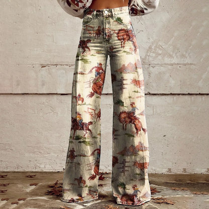 Wide Leg Jeans High Waisted Casual Floral Printed Trousers