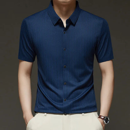 Men's Slim Fit Short Sleeve Dress Shirt Premium Spandex Stretch Fabric Solid Colors Business Casual