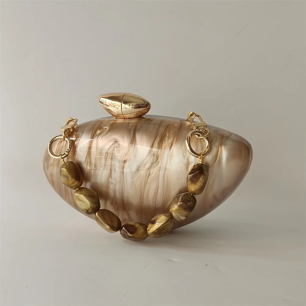 Shell Brand Pearl Brown Marble Acrylic Box Clutches Evening Bag Bridal Handbag