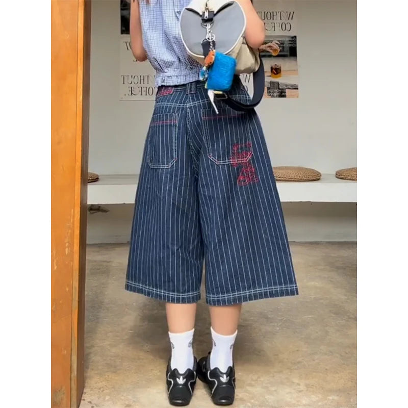 Women's Light Blue Calf Length Cargo Jeans Harajuku Y2k Baggy Denim Trousers Japanese 2000s Oversize Jean Pants Vintage Clothes