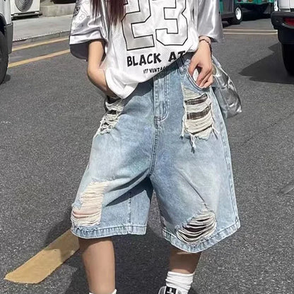 Women's Blue Casual Y2K Harajuku High Street Vintage 2000S Style Wide Leg Denim Shorts Fashionable Streetwear Short Pants 2026
