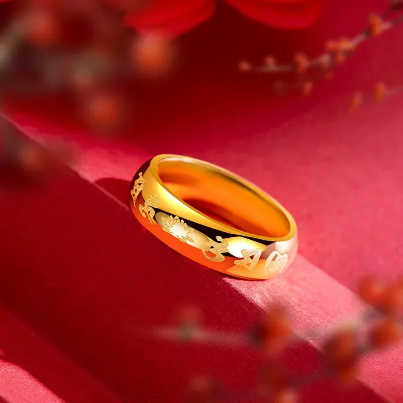 9999 Real Gold 24K Yellow Gold Six-character Mantra Ring Daming Mantra for Men and Women Couples Ring