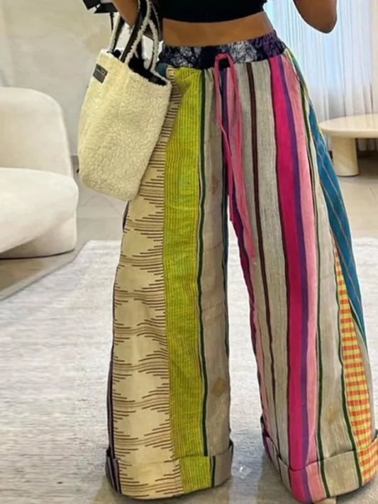 Women's Striped Printed Wide Leg Pants Contrast Color Drawstring High Waisted Loose