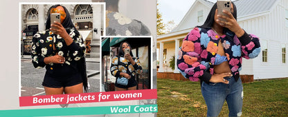 Wool Coats for Women Floral Puff Sleeve Embroidered Printing Short Fall Winter Jacket