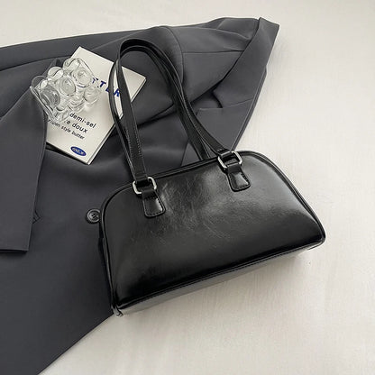 Shoulder Bag for Women Solid Color Boston Tote Bag PU Leather Bowling Handbag Hobo Bag for Work Travel