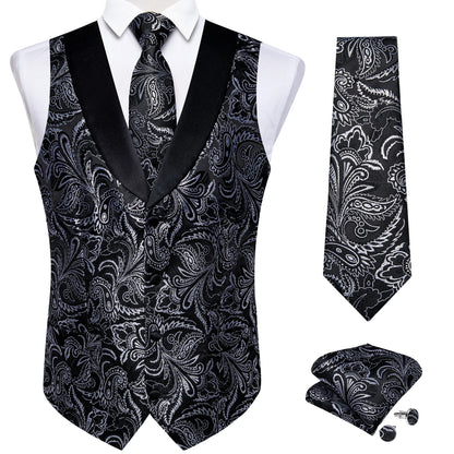 Men's Paisley Silk Suit Vest with Macthing Golden Paisley Neck Tie Handkerchief Cufflinks Wedding Prom Tuxedo Waistcoat