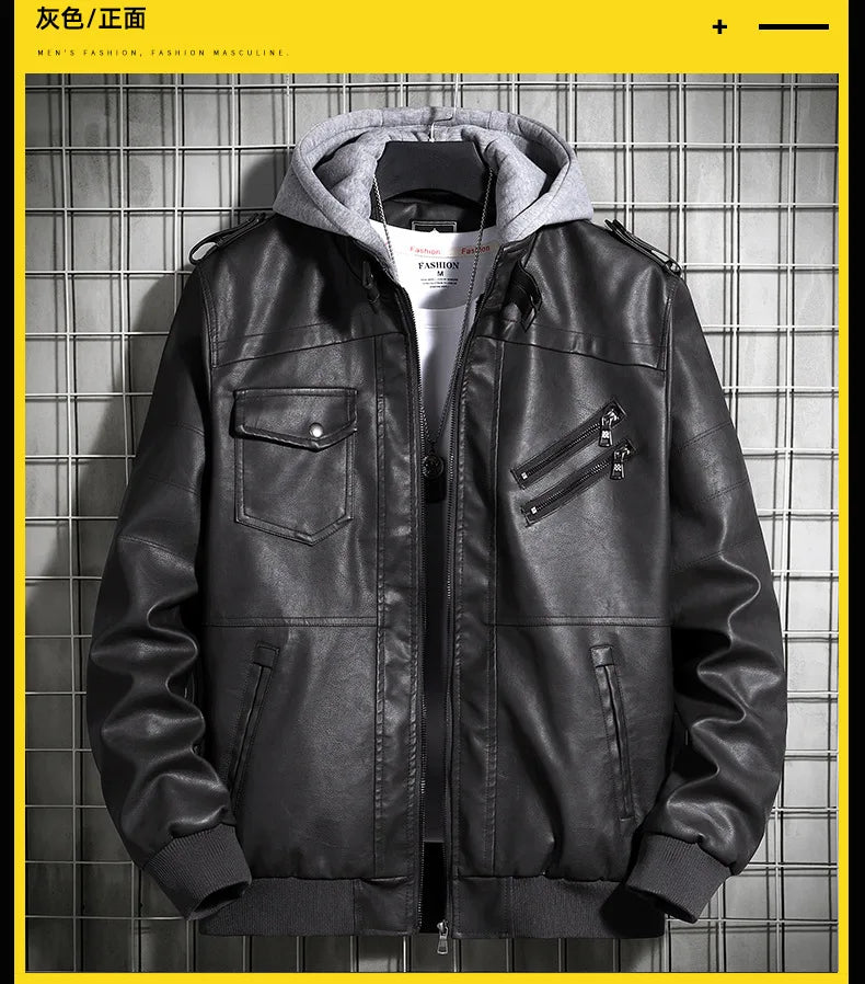 Hooded Leather Jacket Men's PU Leather Motorcycle Leather Coat
