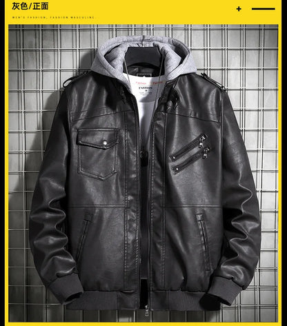 Hooded Leather Jacket Men's PU Leather Motorcycle Leather Coat