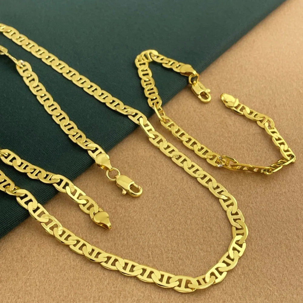 Luxury 24K 9999 Pure Gold real gold Men's Women's 6mm Cuban Necklace Bracelet Set