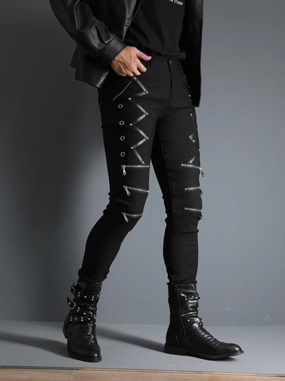 Men's Motorcycle Gothic Steampunk Zippers studded Rivet Elastic Stretchy Denim Jeans Biker Pants