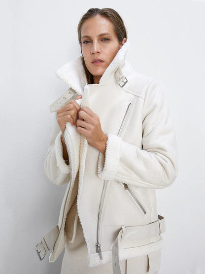 Thick and warm faux leather jacket Coat women's beige long-sleeved belt jacket women 2025 winter fashion new streetwear Tops