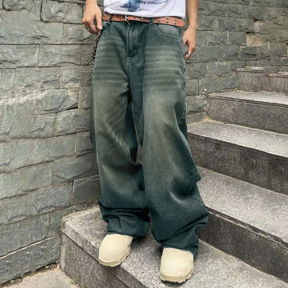 Men'S Baggy Hip Hop Jeans Wide Leg Skater Denim Pants Casual Loose Fit Long Trousers