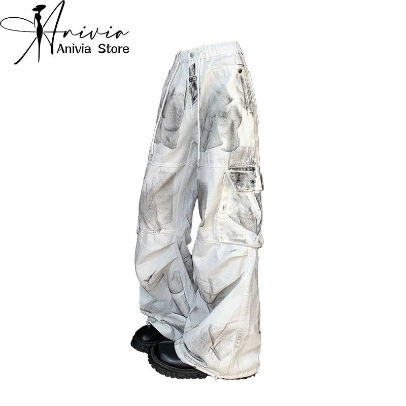 Women's White Cargo Jeans Baggy Vintage High Waist Cowboy Pants Harajuku Aesthetic Tie-Dyed Denim Trousers 90s Y2k Clothes 2024