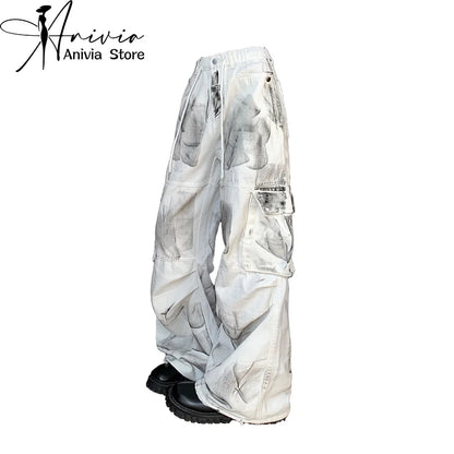 Women's White Cargo Jeans Baggy Vintage High Waist Cowboy Pants Harajuku Aesthetic Tie-Dyed Denim Trousers 90s Y2k Clothes 2024