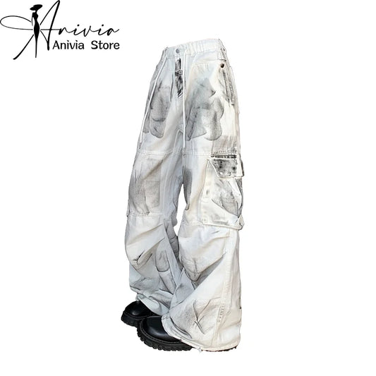 Women's White Cargo Jeans Baggy Vintage High Waist Cowboy Pants Harajuku Aesthetic Tie-Dyed Denim Trousers 90s Y2k Clothes 2024