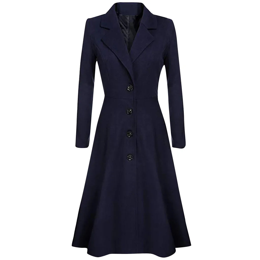 Lapel Button Long Trench Coat Windbreak Overcoat Women Jacket