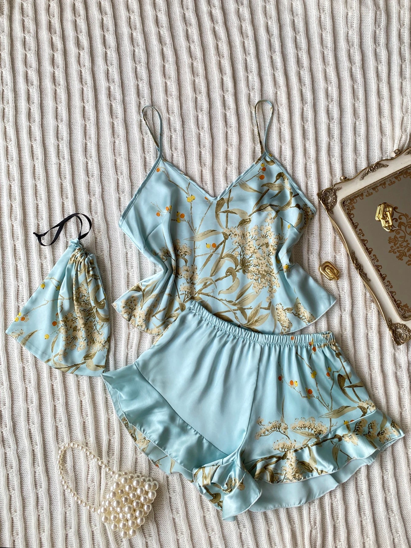 Elegant Floral Print Cami Tops   Ruffle Hem Shorts Pajama Set  Women's Sleepwear