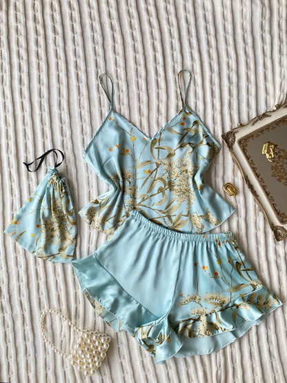 Elegant Floral Print Cami Tops   Ruffle Hem Shorts Pajama Set  Women's Sleepwear