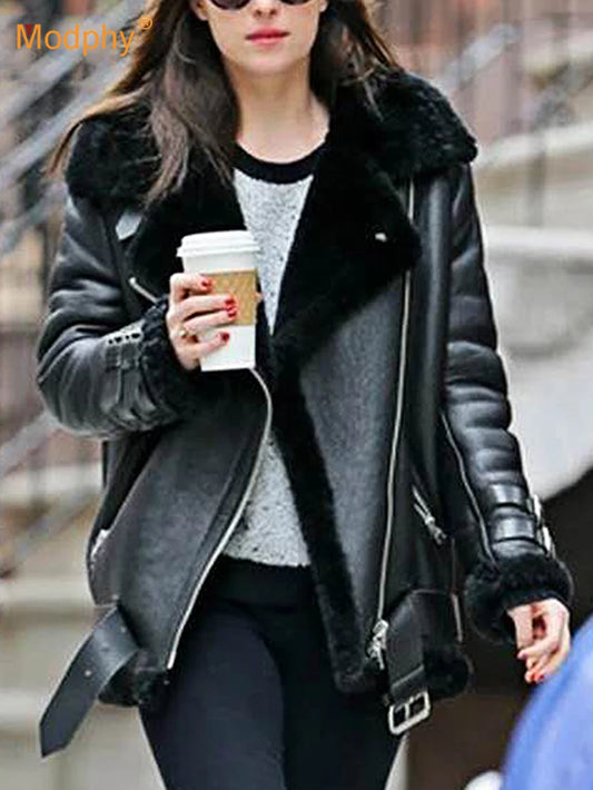 Thick and warm faux leather jacket Coat women's beige long-sleeved belt jacket women 2025 winter fashion new streetwear Tops