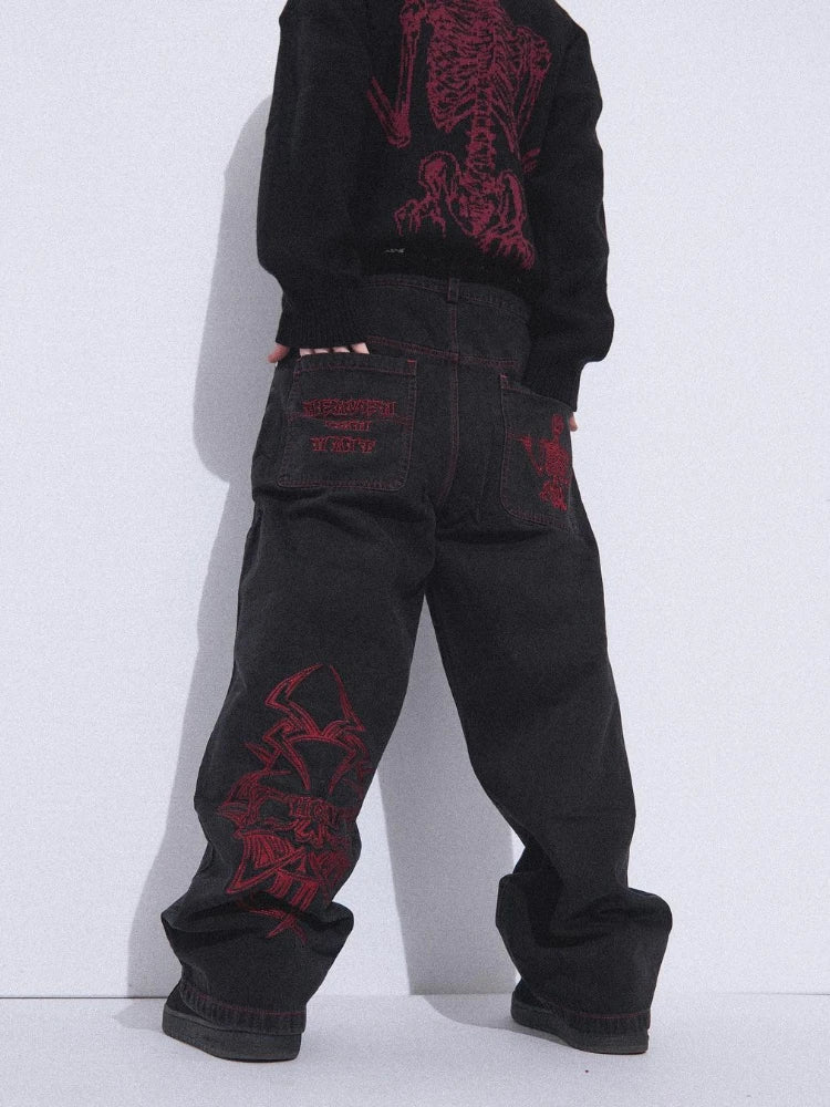 Jeans Mens Hip Hop Retro Skull Embroidery Washed Baggy Denim Pants Straight Casual Loose Wide Leg Trouser