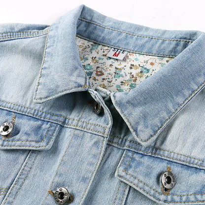 Women Cropped Coats 3/4 Sleeve Retro Short Denim Jackets Light Blue Jeans Coat