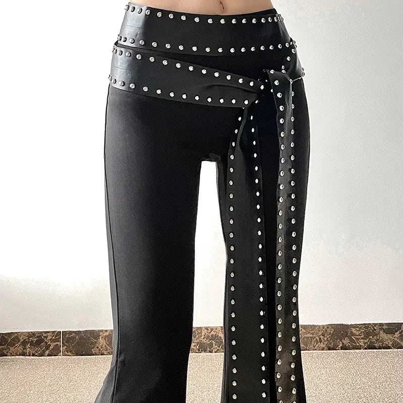 Punk Grunge Hoge Taille Flare Broek Effen Alt Streetwear Vrouwen Mall Gothic Casual Broek Met Kunstleer Riemen Slank