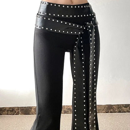 Punk Grunge Hoge Taille Flare Broek Effen Alt Streetwear Vrouwen Mall Gothic Casual Broek Met Kunstleer Riemen Slank
