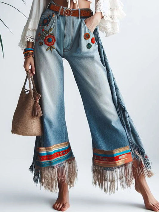 Women Tassel Jeans Pockets Floral Embroidery Patchwork Denim Straight Leg Jeans Ethnic Casual