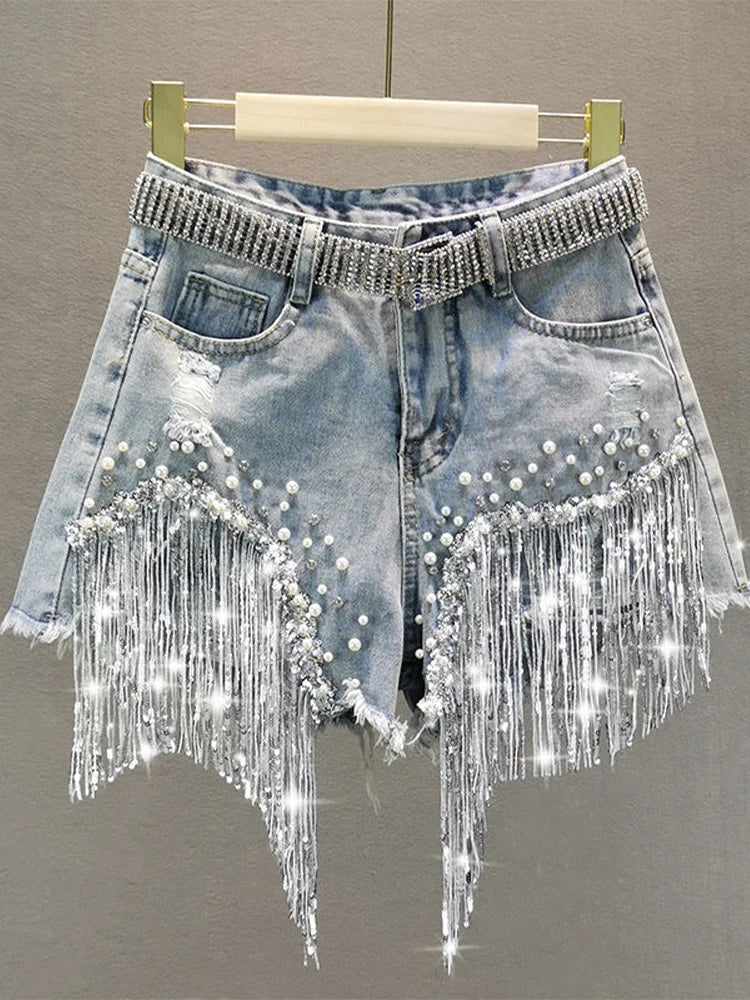 Elegant Shorts Lady Tassel Beading High Waist Wide Leg Denim Casual Solid Shorts Jeans