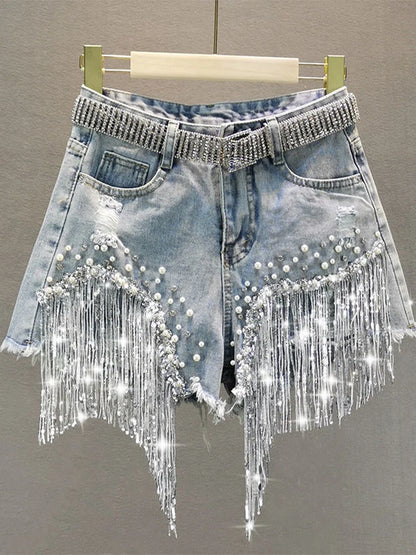 Elegant Shorts Lady Tassel Beading High Waist Wide Leg Denim Casual Solid Shorts Jeans