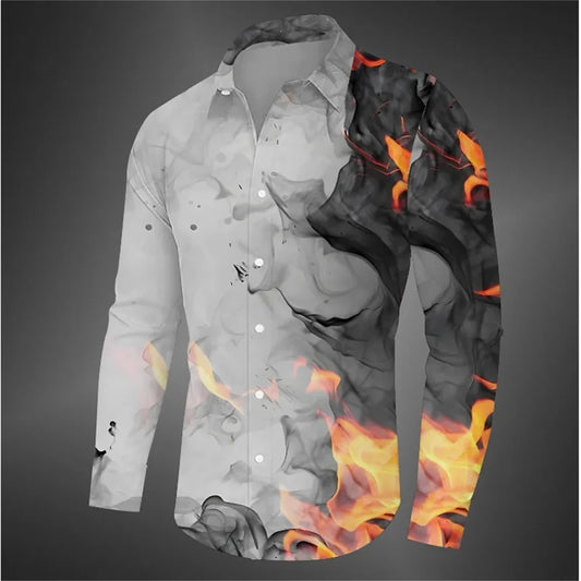 Flame Men's Shirt Button Shirt Party Lapel Shirt Long Sleeve Black, Yellow, Blue