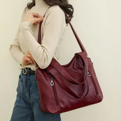 Solid Color Handbag Soft Leather Tote Bag Casual Big Shoulder Messenger Bags