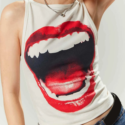 Casual Sleeveless Vest Slim Fit Big Mouth Print Personality T Shirt