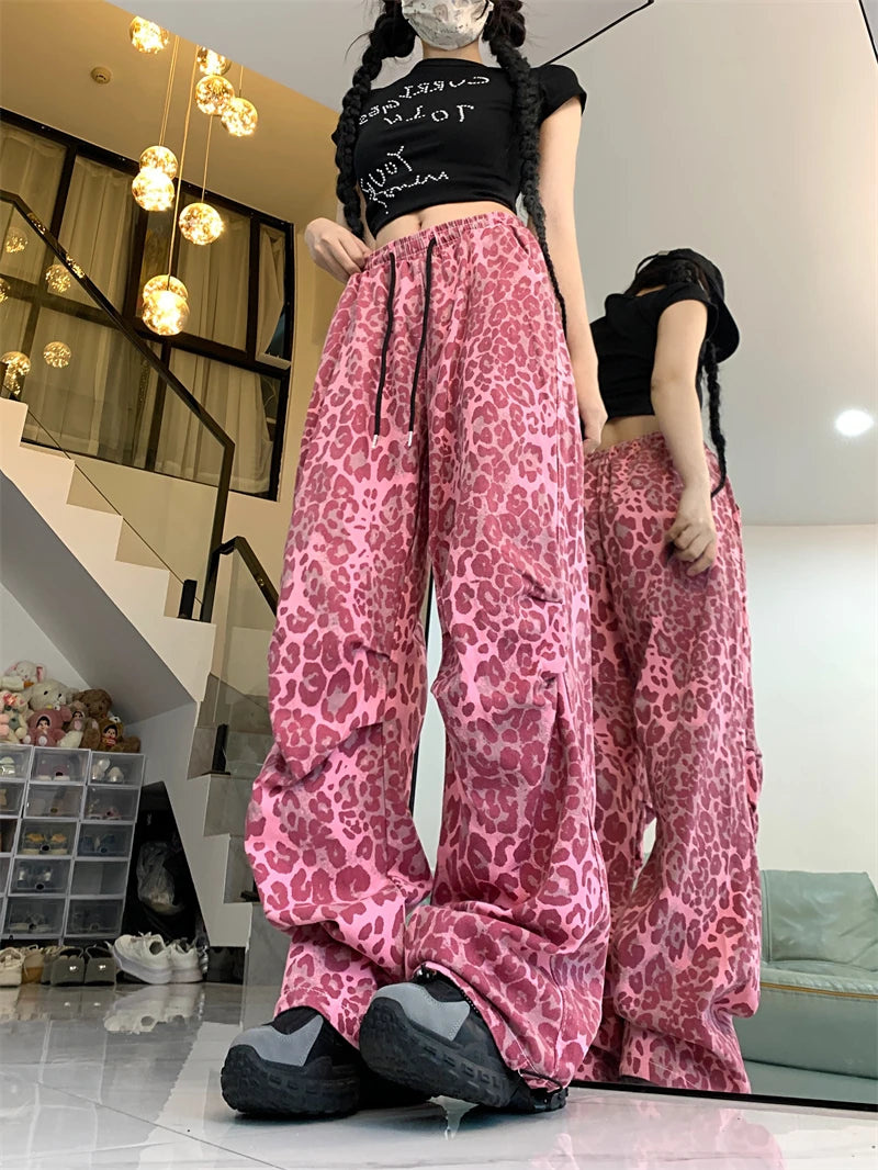 Women's Red Leopard Pants Jogger Harajuku Streetwear Sweatpants Loose Pants Y2k Retro 2000s Aesthetic Vintage Trousers Clothes